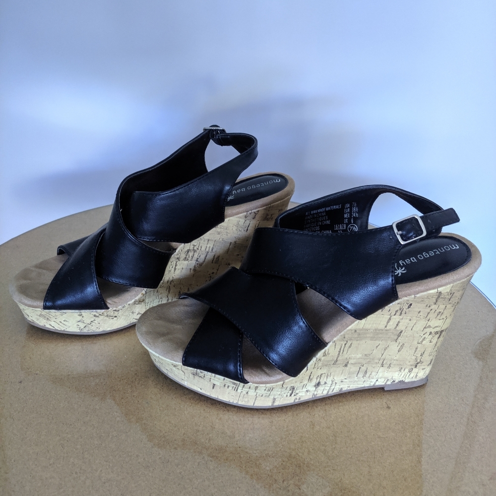 Montego Bay Club | Black Leather Wrap Wedges (7.5)